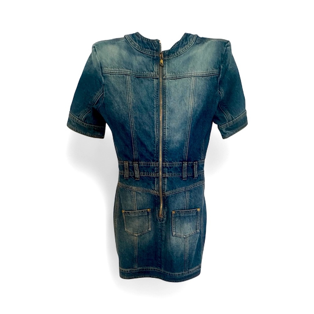Balmain Short Sleeve Denim Dress with Gold Buttons accents. Gold zipper up back. - Picture 2 of 8